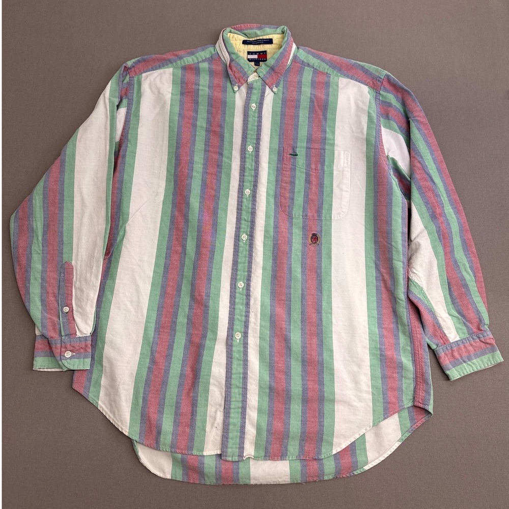 Vintage Tommy Hilfiger Mens Large Striped Oxford Button Down Shirt Multi Color